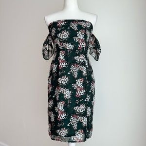 Love & Other Things Floral Mini Dress Small Off Shoulder Green Ruffle Sleeve NWT